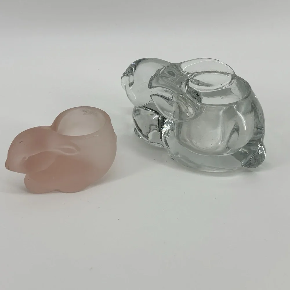 2 Vintage Indiana Glass Bunny Rabbit Votive‎ Candle Holder Pink Satin & Clear